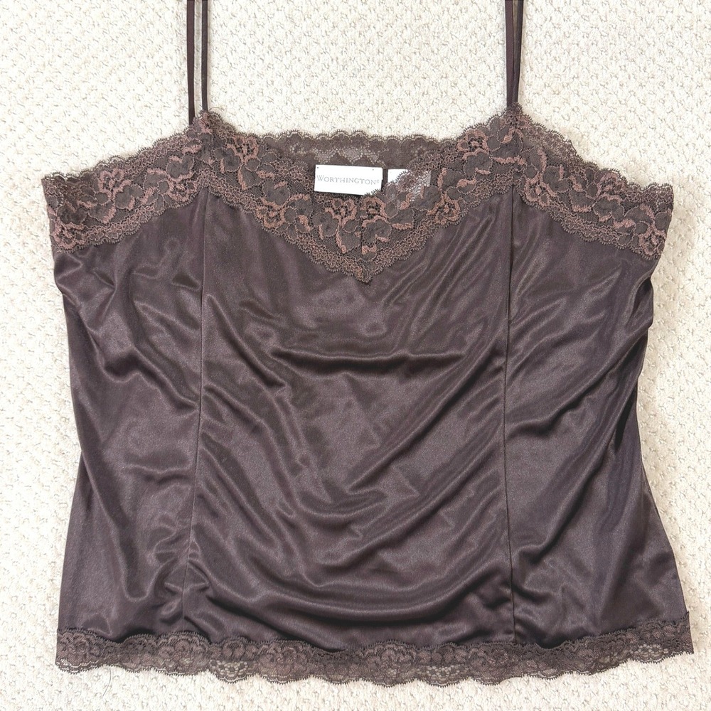 Y2K Fairy Lace Camisole VTG Women XL Brown Silky Whimsigoth Coquette Lingerie